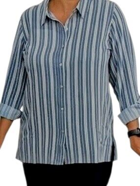 Susan Graver PXL Woven Stretch Shirt Roll Tab Sleeves Chambray Blue & Cream New